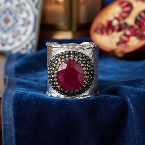 Boho Glam Ruby Gemstone Adjustable Turkish Handmade Wide Silver-Plated Ring